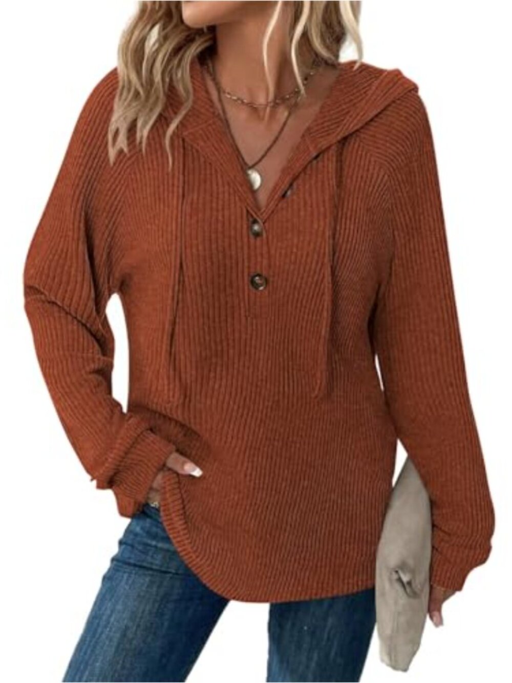 Womens Long Sleeve Fuzzy Ribbed Hoodie Tunic Sweater Drawstring A-Line